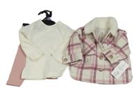 Nové - 3set - Smetanovo-růžovo-starorůžová kostkovaná vlněná podšitá košilová bunda + smetanové žebrované triko + růžové žebrované legíny F&F