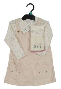 Nové - 3set - Světlerůžové riflové laclové šaty s kapsami s kočkami + bílé puntíkaté žebrované body + bílé punčocháče s kočkou F&F