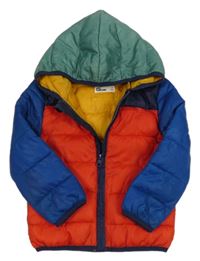 Červeno-modro-khaki prošívaná šusťáková zateplená bunda s kapucí