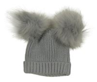 Šedá pletená čepice s bambulemi