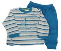 Šedo-bílo-petrolejové pruhované sametové pyžamo s loďkou Impidimpi