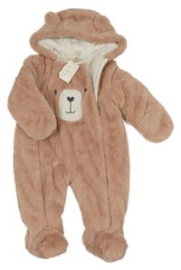 Nové - Starorůžová kožešinová zateplená kombinéza s medvědem a kapucí