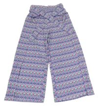 Fialovo-bílo-modré vzorované široké lehké kalhoty s páskem Page One Young