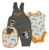 Nové - 3set - Černé melírované laclové kalhoty s Tygrem + bílé body s nápisy + slinták Disney