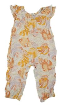 Bílo-žluto-korálový lehký kalhotový overal s listy Primark