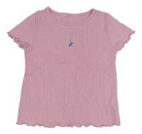 Růžové žebrované crop tričko s výšivkou květin H&M
