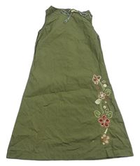 Khaki plátěné šaty s výšivkami květů 