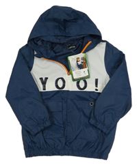 Nové - tmavomodro-bílá šusťáková jarní bunda s nápisem a kapucí 