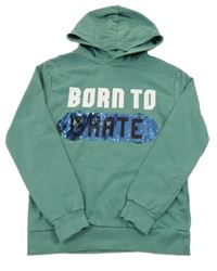 Zelená mikina s nápisem z flitrů a kapucí H&M