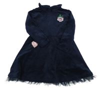 Tmavomodré sametové šaty s květem 