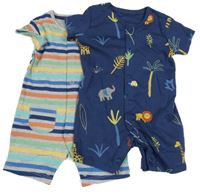 Nové - 2x kraťasový overal - šedo-barevný pruhovaný + tmavomodrý s palmami George