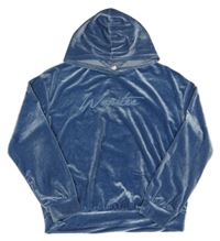 Modrá sametová mikina s nápisem a kapucí shein