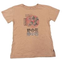 Starorůžové oversize tričko s květy a japonským nápisem Next