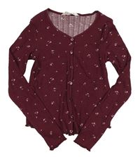 Vínové žebrované květované propínací crop triko H&M