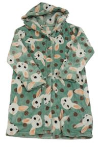Zelený puntíkatý plyšový župan s králíčky a kapucí 