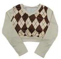 Béžovo-hnědá károvaná žebrovaná crop mikina 