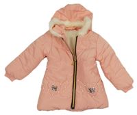 Růžová šusťáková zimní bunda s perlami a kapucí s kožešinou 