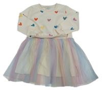 Smetanovo-barevné teplákové šaty se srdíčky a tylovou sukní Shein