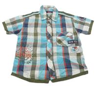 Světlemodro-khaki-bílá kostkovaná košile s nápisy