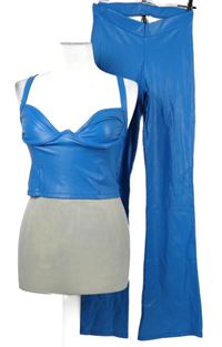 2set - Dámský modrý koženkový crop top + zvonové kalhoty 