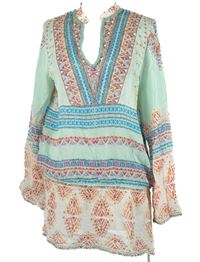 Dámská světlemodro-červeno-bílá vzorovaná šifonová tunika s korálky Malvin 