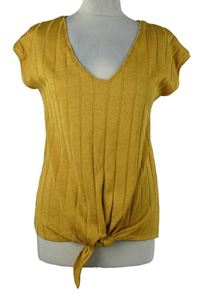 Dámské okrové žebrované pletené tričko s uzlem 