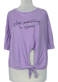Dámské lila tričko s nápisem a uzlem Zara 