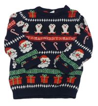Tmavomodro-červeno-zelený pruhovaný svetr s obrázky H&M