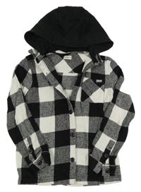 Černo-bílá kostkovaná flanelová košilová bunda s kapucí F&F