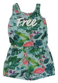 Zelený kraťasový overal s květinami a plameňákem 