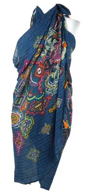 Dámské modré pareo se vzorem a třásněmi 