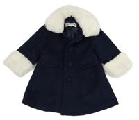 Tmavomodrý flaušový podšitý kabát s kožešinovými lemy 