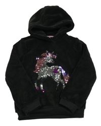 Černá chlupatá mikina s jednorožcem z překlápěcích flitrů a kapucí Kiki&Koko