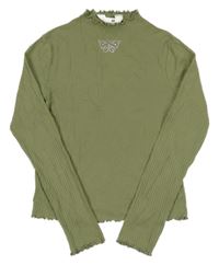 Khaki žebrované crop triko s motýlem H&M