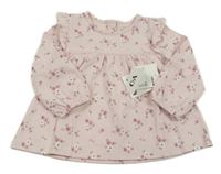 Nové - Světlerůžové bavlněné šaty s kytičkami a krajkou C&A