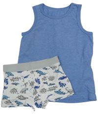 2set - Modrý nátělník + bílé boxerky s dinosaury