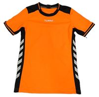 Neonově oranžovo-černé sportovní tričko s nápisy a pruhy zn. Humemel