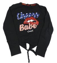 Černé crop triko s nápisem zavazováním Coolcat