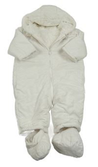 Bílá šusťáková zimní kombinéza se srdíčky a kapucí + capáčky Mothercare