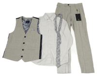 Nové - 4set - Šedo-tmavomodrá vesta + bílá košile + šedé kalhoty + kravata Next