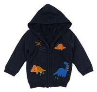 Tmavomodro-barevný propínací zateplený svetr s dinosury a kapucí George 