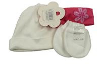 3Set - Bílá čepice H&M + rukavice + tmavorůžová čelenka s květem 