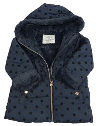 Tmavomodrá puntíkatá prošívaná šusťáková zimní bunda s kapucí s kožešinou George