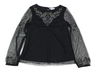 Černá síťovaná halenka s výšivkou a korálky MANGUUN