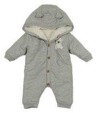 Šedá melírovaná úpletová zateplená kombinéza s medvídkem a kapucí s oušky little Nutmeg