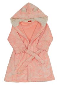 Neonově korálovo-bílý plyšový župan s hvězdičkami a kapucí s oušky TisSAiA