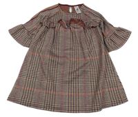 Smetanovo-hnědo-černo-červené kostkované vzorované šaty s volánkem a pruhy C&A