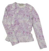 Světlefialovo-fialovo-bílé batikované žebrované crop triko se srdíčkovými průstřihy a kamínky Matalan