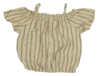 Smetanovo-khaki-červená pruhovaná crop halenka s knoflíky a volnými rameny LC WaIKIKI