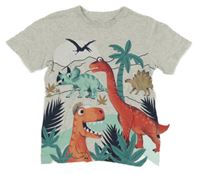 Světlešedé melírované tričko s dinosaury a palmou a listy C&A